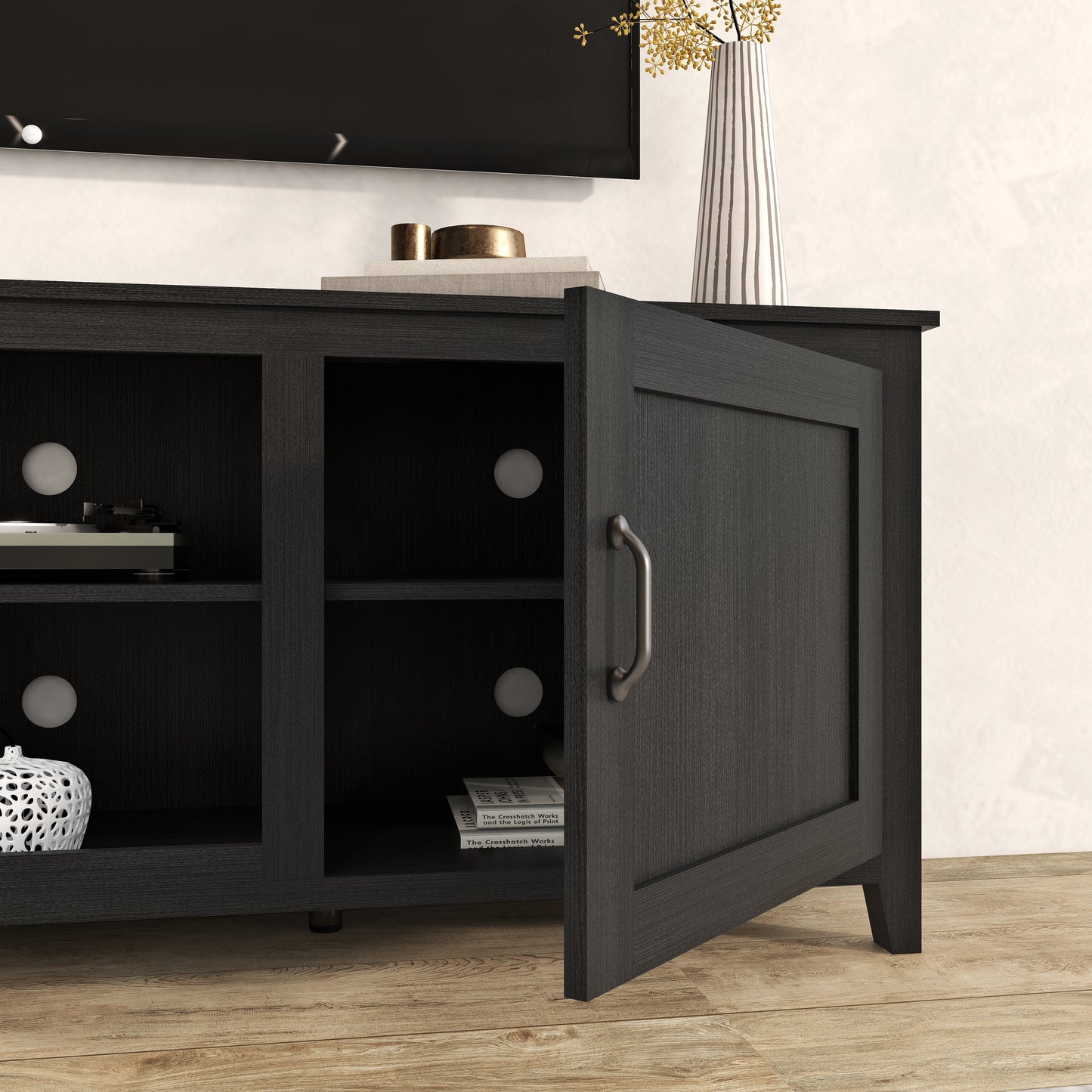 TV Stand Storage Media Console Entertainment Center; Tradition Black; with doors