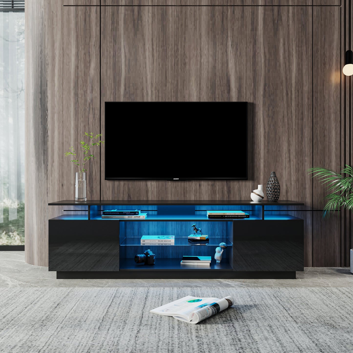 Black TV Stand for 80 Inch TV Stands; Media Console Entertainment Center Television Table; 2 Storage Cabinet with Open Shelves for Living Room Bedroom