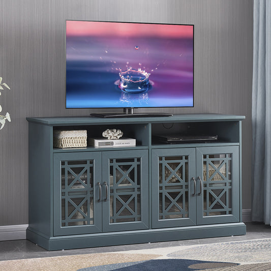 53&rdquo; Wooden TV Console; Storage Buffet Cabinet; Sideboard with Glass Door and Adjustable Shelves; Console Table for Dining Living Room Cupboard; Dark Teal