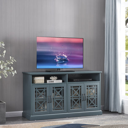 53&rdquo; Wooden TV Console; Storage Buffet Cabinet; Sideboard with Glass Door and Adjustable Shelves; Console Table for Dining Living Room Cupboard; Dark Teal