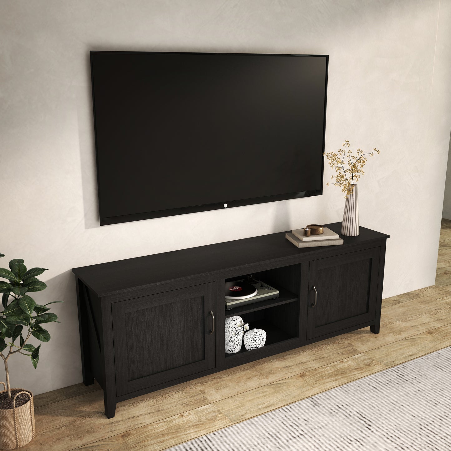 TV Stand Storage Media Console Entertainment Center; Tradition Black; with doors